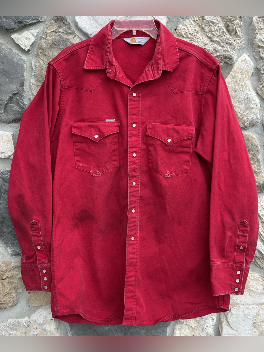 Vintage Carhartt Work Shirt Size XL Red Thrashed Stained Faded Streetwear Snap